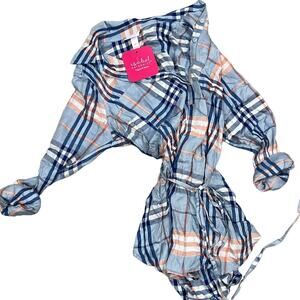 Isabel Maternity Blue Woven Collared Popover Plaid Shirt - Size XS - NWT